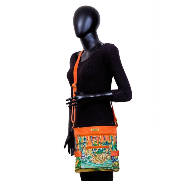 Hand-Painted Leather Women Orange Multi-Compartment Crossbody Sling Bag - Picture 8 of 8